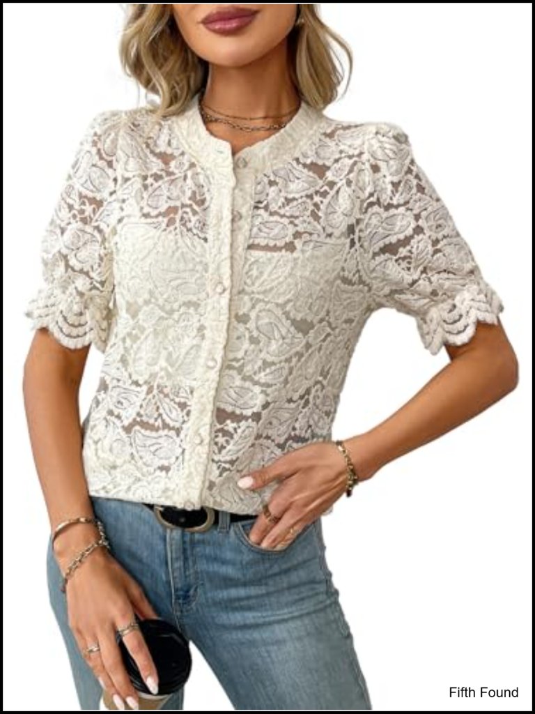 Women Lace Puff Sleeve Blouse Dressy Casual Elegant Summer Top